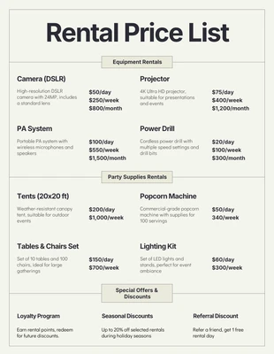 Free  Template: Rental Price List Template