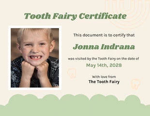 Free  Template: Light Yellow Green Tooth Fairy Certificate Template