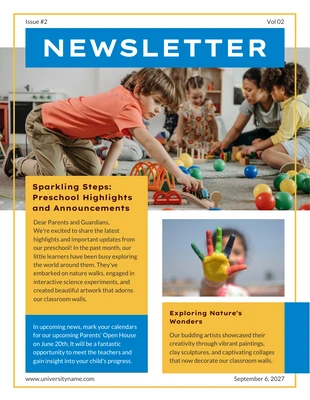 Free  Template: Yellow Blue Modern Preschool Newsletter Template