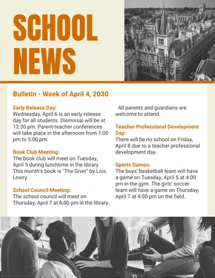 Free  Template: Light Yellow Orange School News Newsletter Template