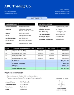 Free  Template: Royal Blue Commercial Invoice Template