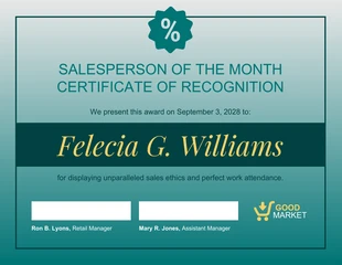 Free  Template: Teal Sales Employee Recognition Certificate format Template