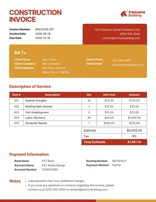 premium  Template: Red Orange Construction Invoice Template