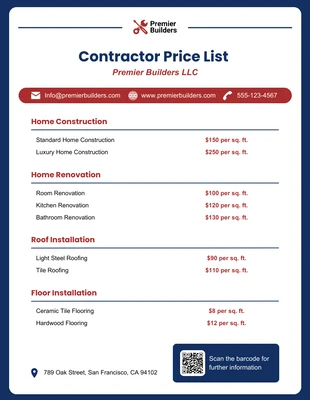 Free interactive Template: Contractor Price List Template