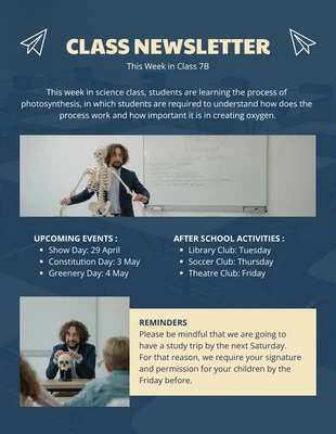 Free  Template: Dark Blue Classic School Class Newsletter Template