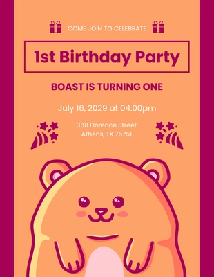 Free  Template: Purple And Orange Cute Illustration Playful Hamsters 1st Birthday Invitation