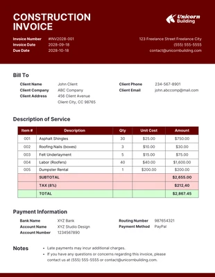 Free  Template: Clean Burgundy Construction Invoice Template