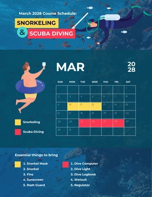 Free  Template: Simple Teal Blue Snorkeling and Scuba Diving Monthly Schedule Template