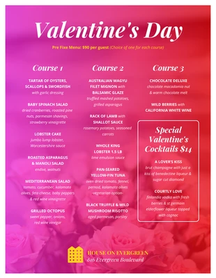 Free  Template: Pink Valentine's Day Pre Fixe Restaurant Menu