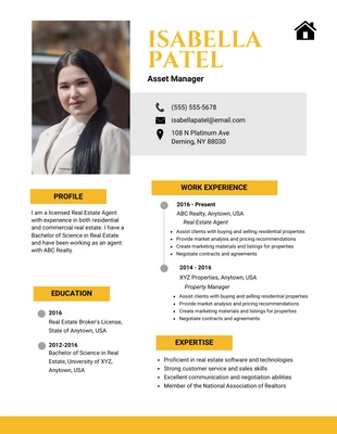 Free  Template: Yellow Real Estate Asset Manager Resume Template