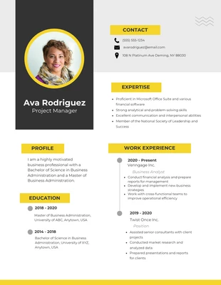 White Black Yellow Project Manager Resume Template