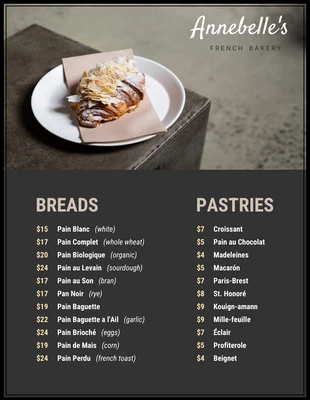 Free  Template: Simple Charcoal French Bakery Menu