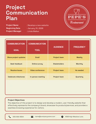 Free  Template: Restaurant Project Communication Plan Template