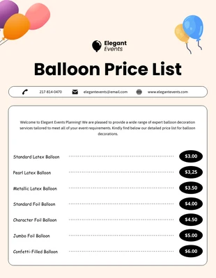 Free  Template: Balloon Price List Template