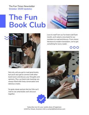 Free  Template: White Blue Fun Book Club Event Newsletter Template