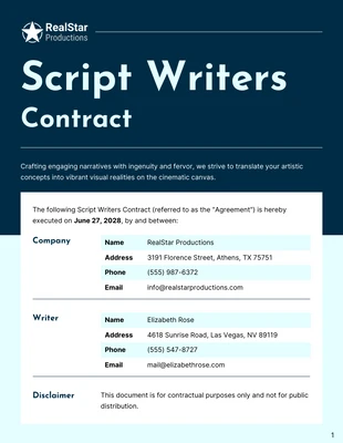 Free  Template: Script Writers Contract Template