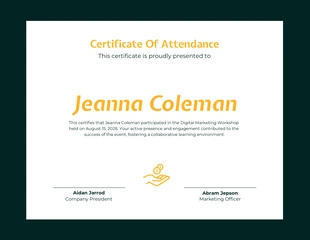 Free  Template: Dark Green Simple Attendance Certificate Template