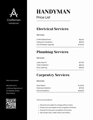 business  Template: Black White Handyman Price List Template