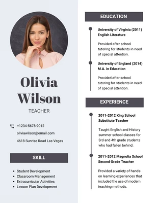 Free  Template: Minimalist Woman Teacher Resume Template