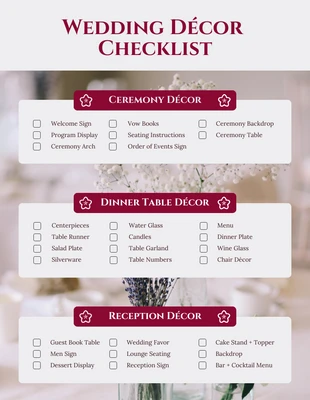 Free  Template: Monarch Wedding Decor Checklist Template