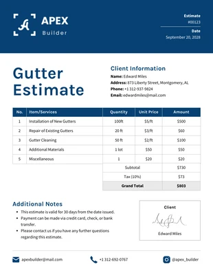 Free  Template: Gutter Estimate Template