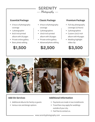 Free  Template: White Wedding Photography Packages Price List Template