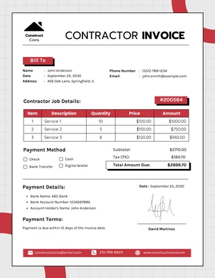 premium  Template: Red White Contractor Invoice Format Template