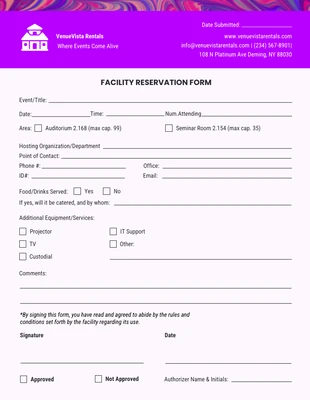 Free  Template: Electric Violet Facility Reservation Form Template