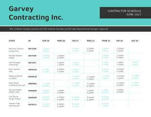 Free  Template: Teal Contracting Work Schedule