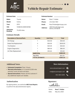 Free  Template: Vehicle Repair Estimate Template