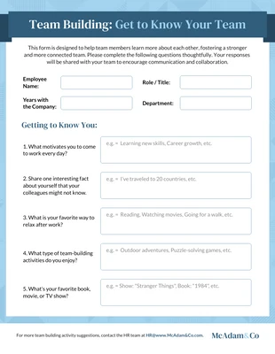 Free interactive Template: Team Building Get to Know Your Team HR Forms