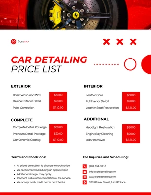 Free  Template: White Red Car Detailing Price List Template