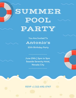 Free  Template: Simple Blue Beach Summer Pool Party Invitation