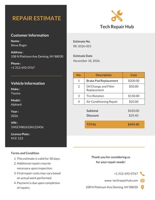 business  Template: Car Repair Estimate Template