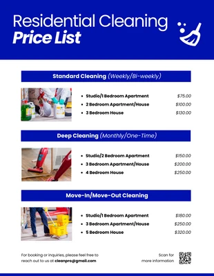 business  Template: Royal Blue House Cleaning Price List Template