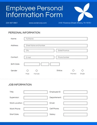 Free  Template: Cerulean Blue Employee Personal Information Form Template