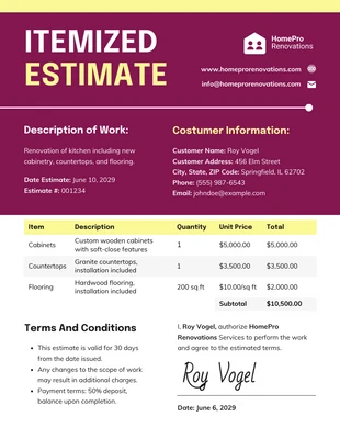 Free  Template: Itemized Estimate Template