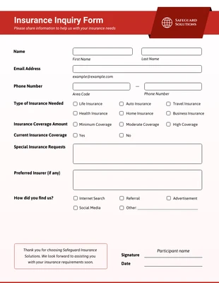 business  Template: Insurance Inquiry Form Template