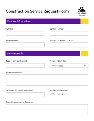 business  Template: Mirage Construction Service Request Form Template