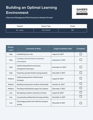 Free  Template: Management Classroom Plan Template