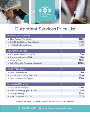 Free  Template: Outpatient Services Price List Template