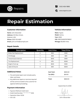 Free  Template: Minimalist Repair Estimation Template