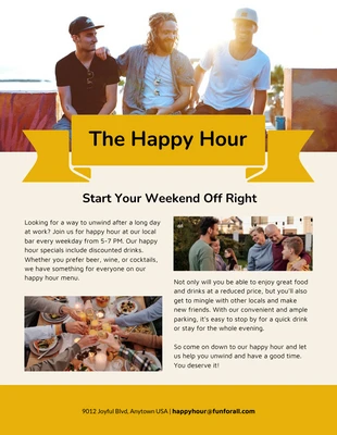 Free  Template: Light Yellow Happy Hour Fun Event Newsletter Template