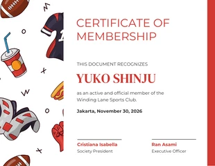 Free  Template: White Red Sports Club Certificate of Membership Template