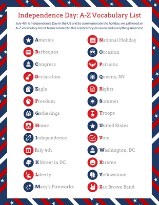 Free  Template: US Independence Day A-Z Alphabet List Infographic Template