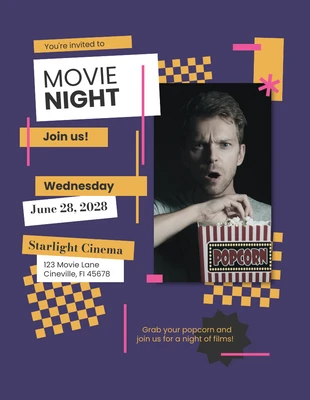 Free  Template: Retro Purple and Yellow Movie Night Invitation