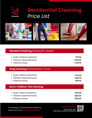 business  Template: Black Red Residential Cleaning Price List Template