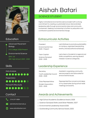 Free  Template: Black White Green Science Student Scholarship Resume Template