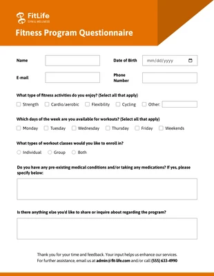 premium  Template: Fitness Program Questionnaire Form Template