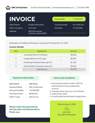 premium  Template: Intellectual Property Royalty Invoice Template